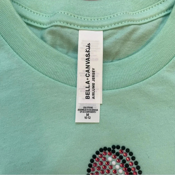 Girls Handmade Mint Green T-Shirt With Pink Rhinestone Balloon Dog Size Medium - Picture 7 of 8